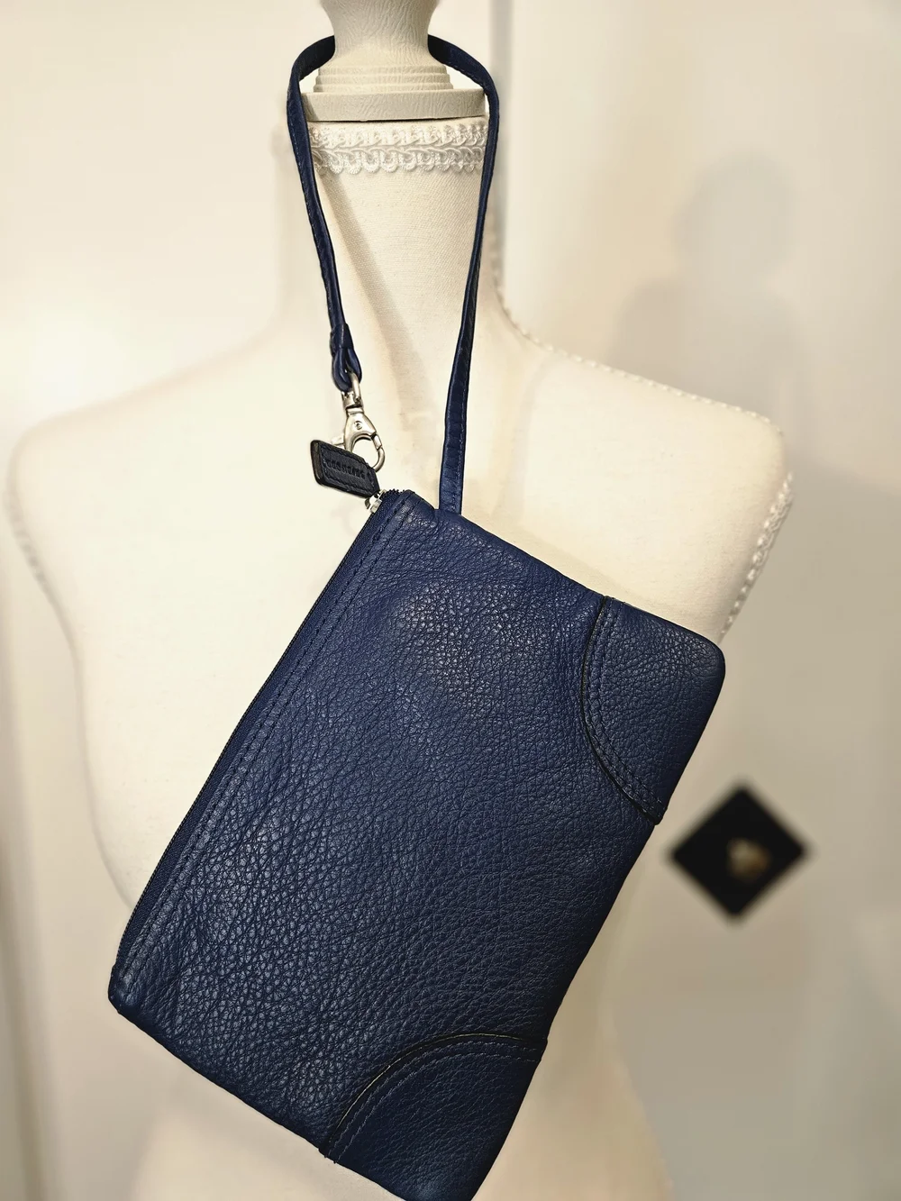Levenger Navy Blue Pebbled Leather Wristlet
